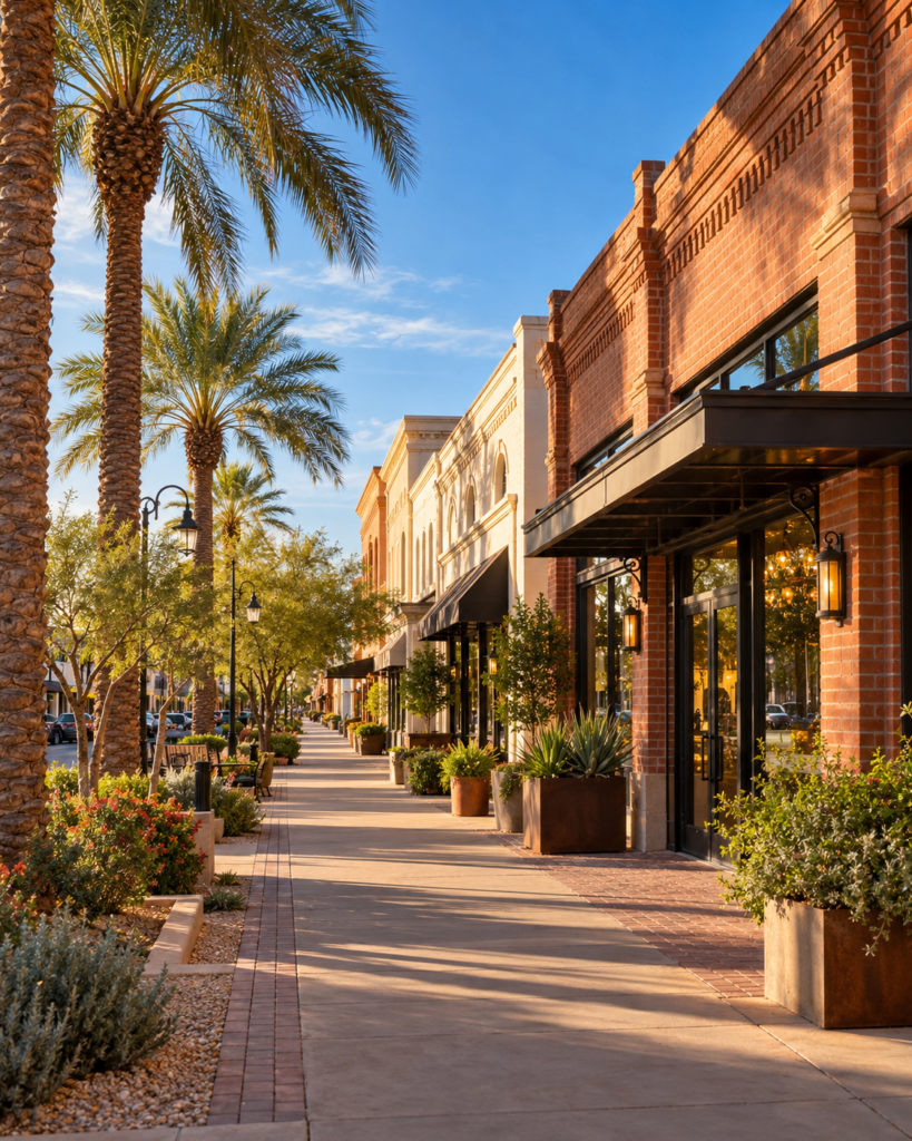 AI-generated Glendale-inspired historic downtown streetscape in warm afternoon light